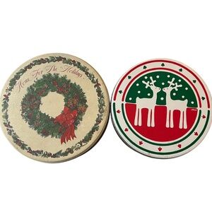 2 Vintage Christmas Cookie Tins Round Reindeer Wreath Red Green Cream 2 3/4 Tall
